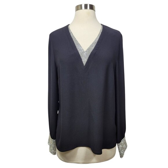 Halogen Black Rhinestone Trim Long Sleeve V-Neck  Party Blouse Women’s Size S - Picture 1 of 7